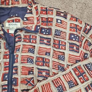 Bogari Vintage Silk Jacket Americana USA Red White Blue 100% Silk 80s 70s Large